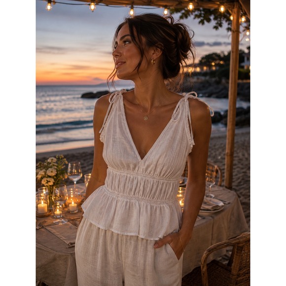 Cynthia Rowley Tops - Cynthia Rowley White 100% Linen Smocked Peplum Tie Shoulder Blouse Top NWT L